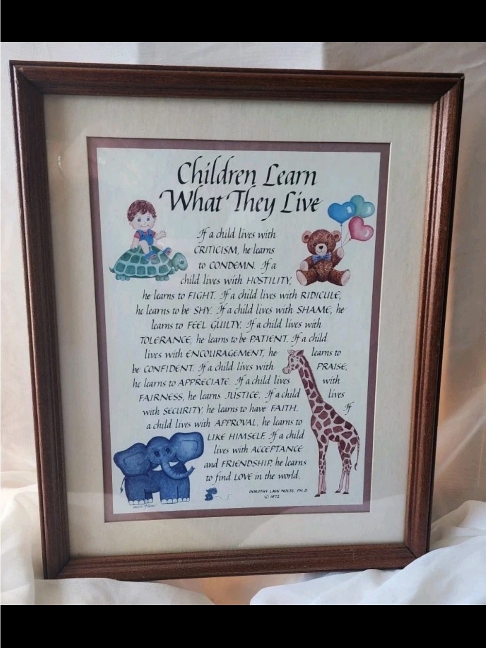 1972 Framed "Children Learn What They Live" Nursery Print - Wood  Frame